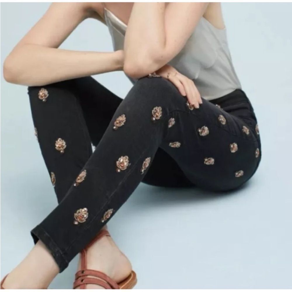 Anthropologie Pilcro black denim embellished beaded embroidered jeans 27
